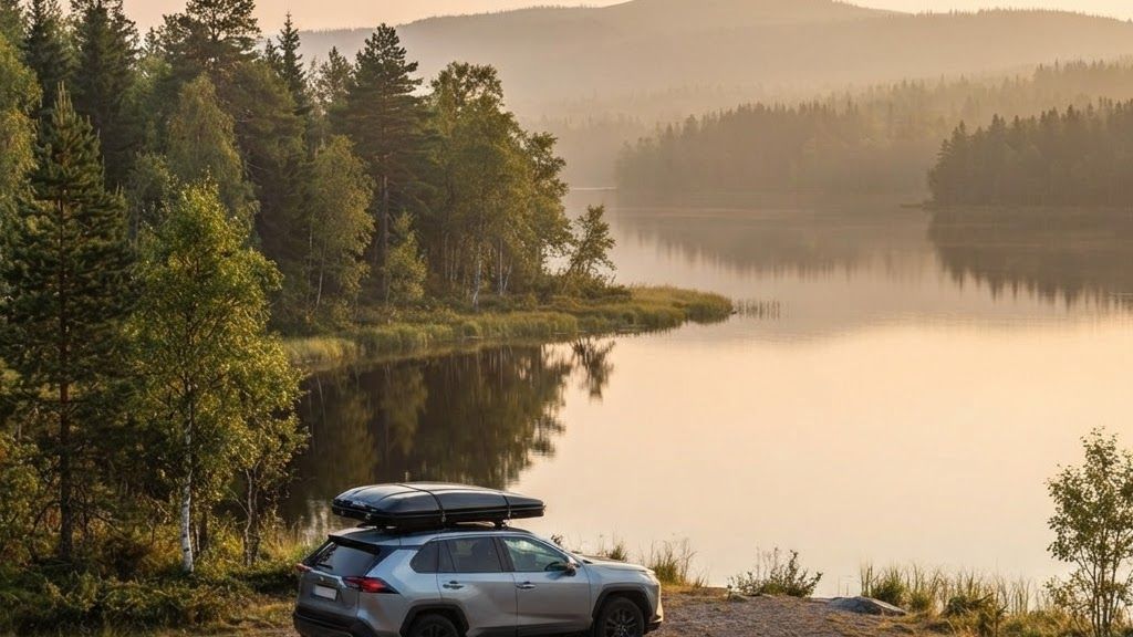 Schwedische Landschaft am See mit Fahrzeug und Dachzelt im Abendlicht